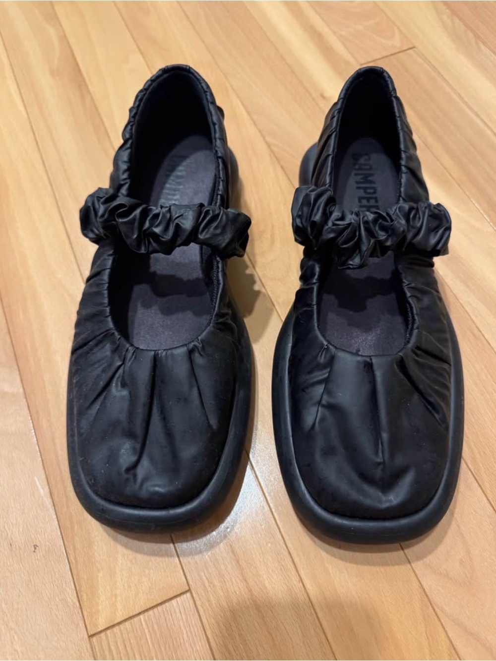 Camper Black Ruched Strap Mary Jane Flats